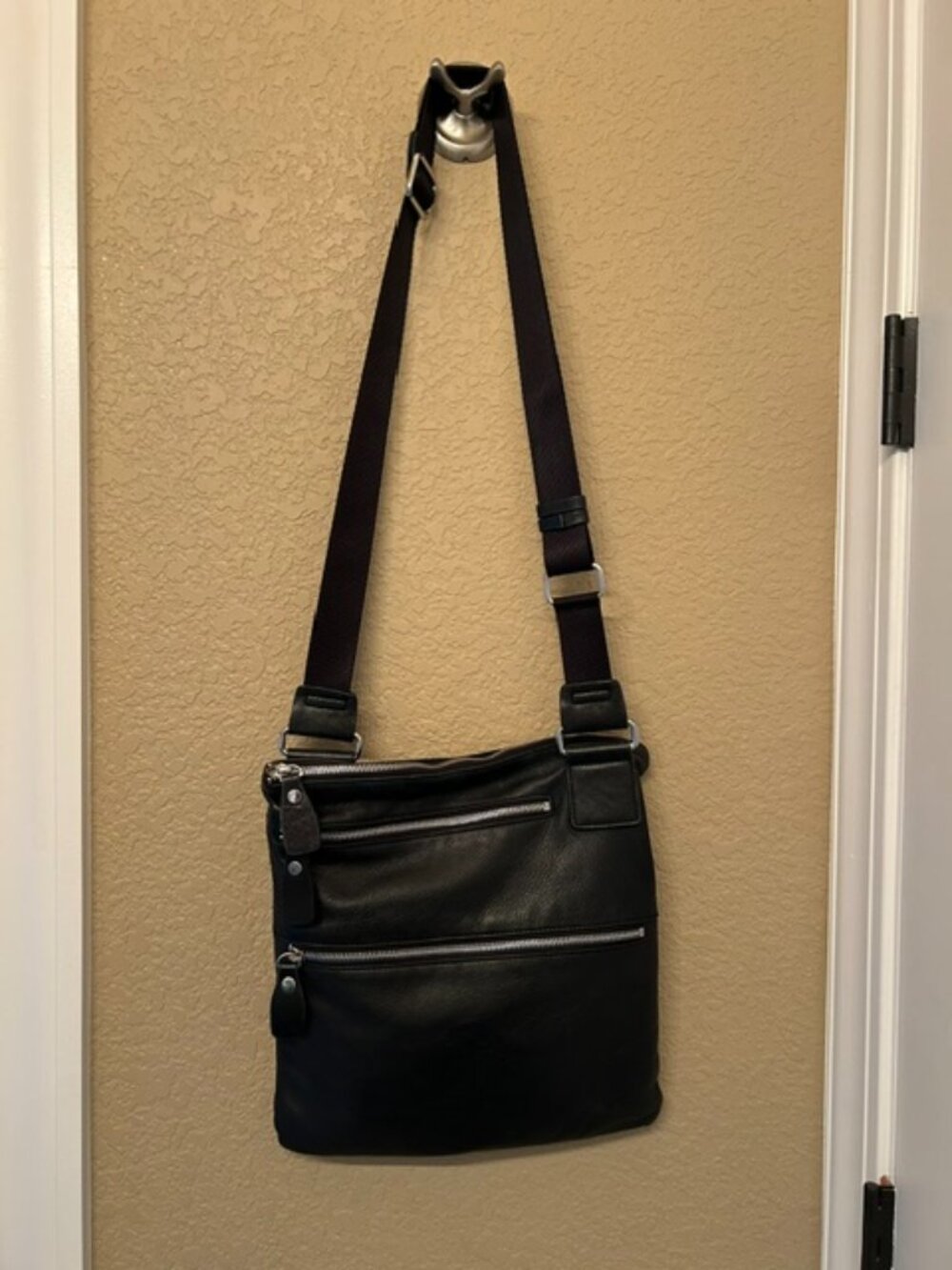 Margot New York Black Leather Crossbody Bag with Dual Zip Pockets